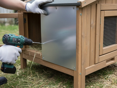 Mann bringt Alublech 1mm an Hasenstall an